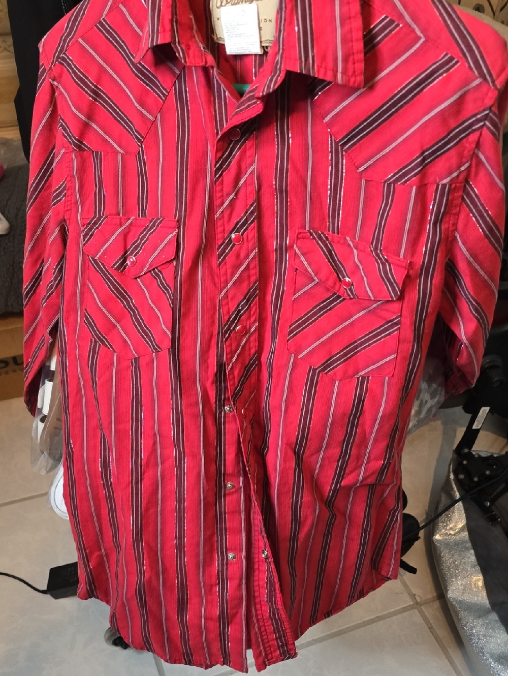 Wrangler Red with Black and White Striped Snap Shirt
